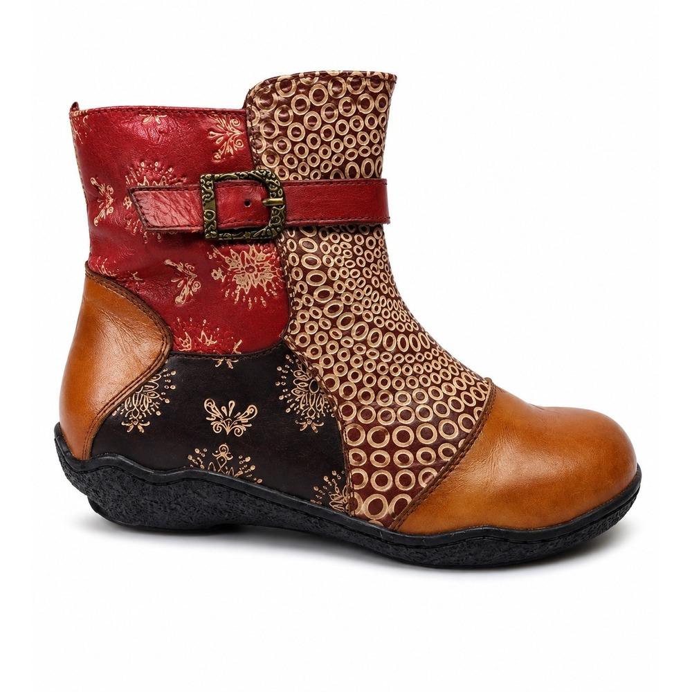 L'Artiste C-Indigo Leather Patchwork Ankle Boots EU 38 US 7.5 Boho Buckle